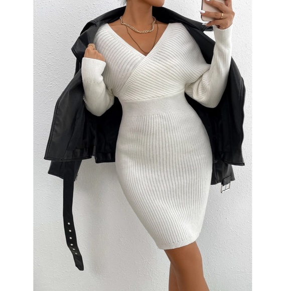 White Off Shoulder V-Neck Rib Knit Sweater Mini Short Dress Long Sleeve - Picture 3 of 9